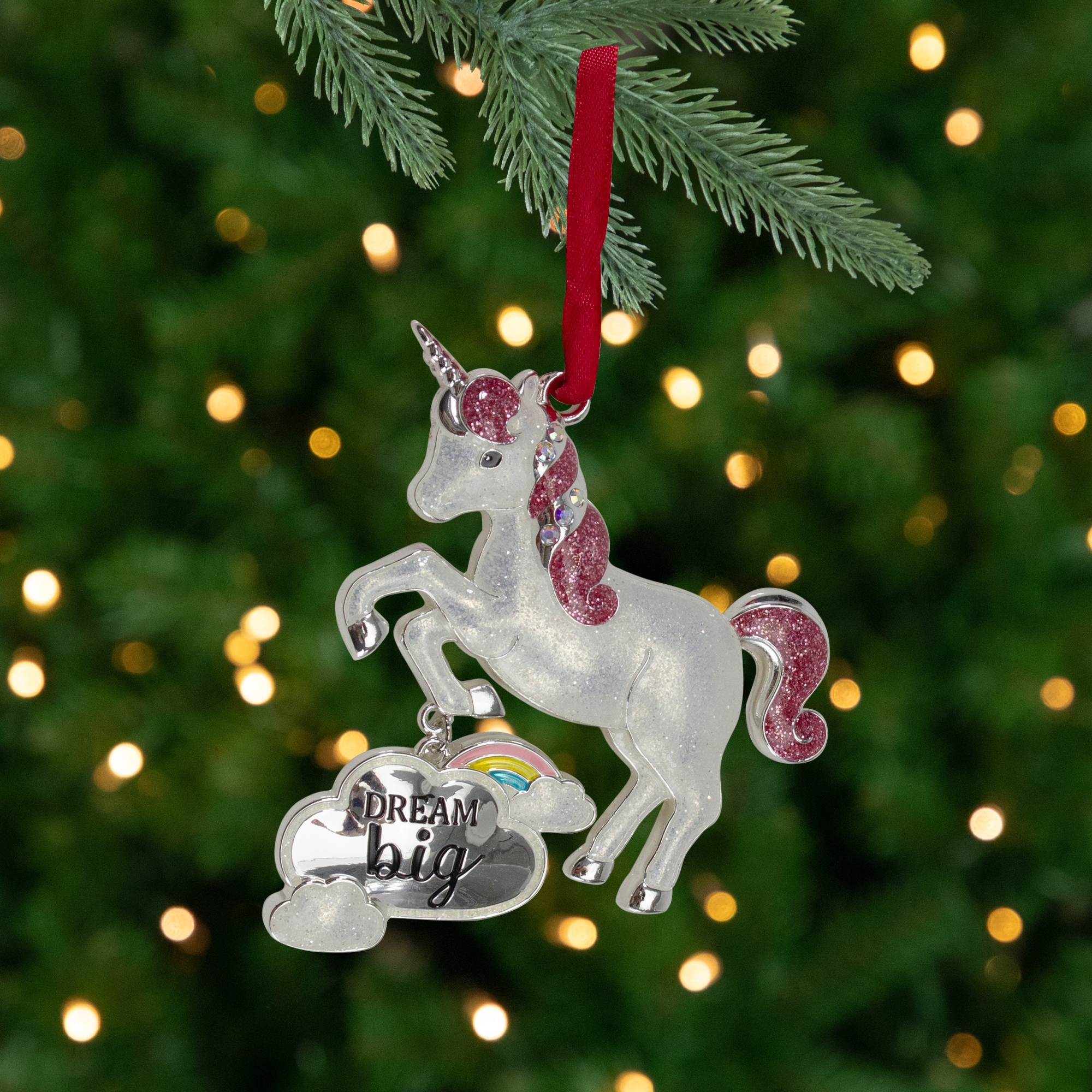 3.25" Silver Plated Dream Big Unicorn with European Crystals Christmas Ornament