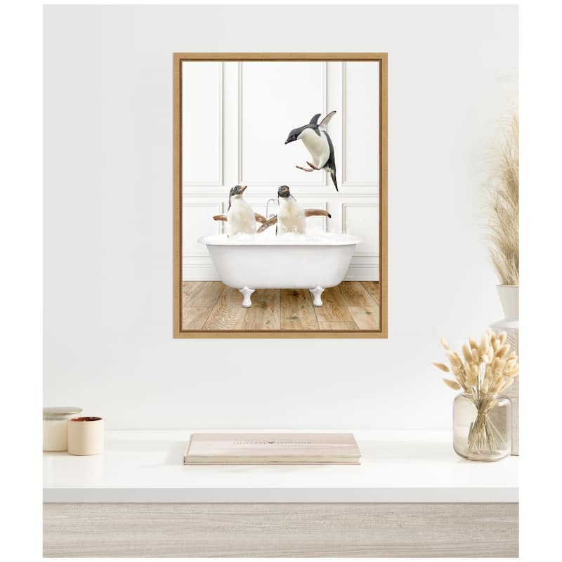 Kate and Laurel Sylvie Penguins in Traditional Vintage Bathtub Framed Canvas by Amy Peterson