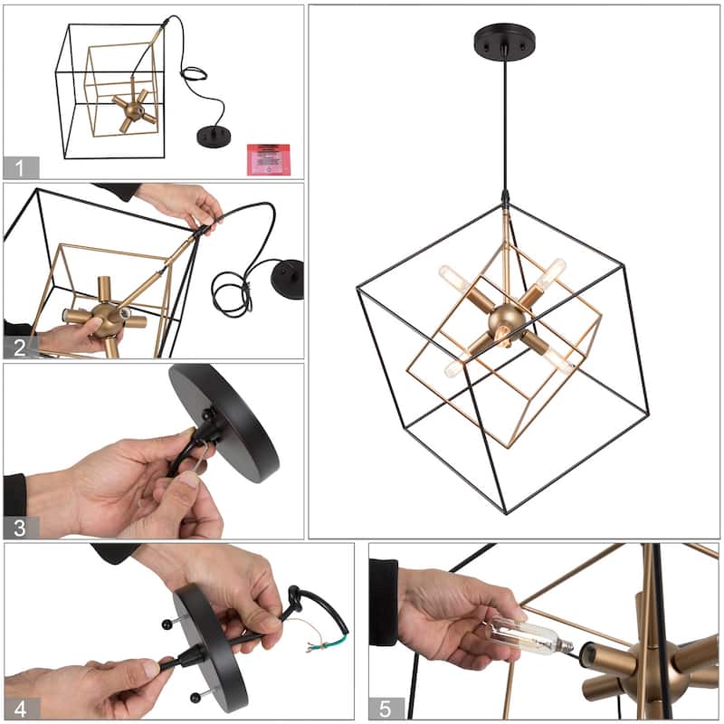 Modern 6-Light Black Gold Chandelier Geometric Island Lights for Dining Room - D21.6'' x H83.5''