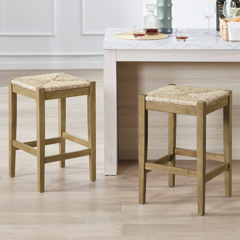 Bohemian 26" H Natural Weave Seagrass Rattan Backless Counter Stools - Set of 2 - Brown