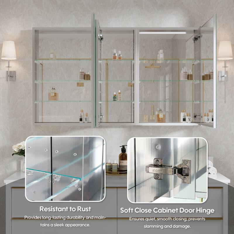 52"W X 30'H Bathroom Recessed or Surface Wall Mount Medicine Cabinet With Adjustable Glass Shelves