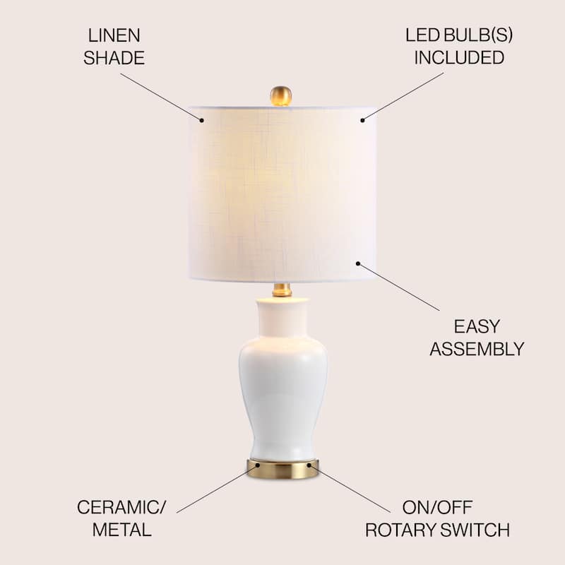 Xia 21" Ceramic/Iron Modern Classic LED Table Lamp, White by JONATHAN Y