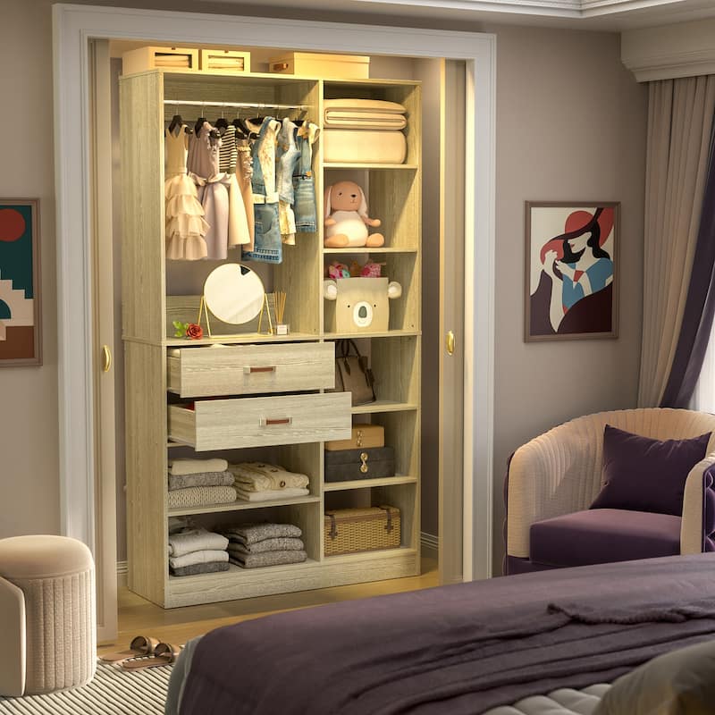 White Oak Freestanding Wardrobe, Closet Organizer System with Drawers for Walk-in & Reach-in Closet