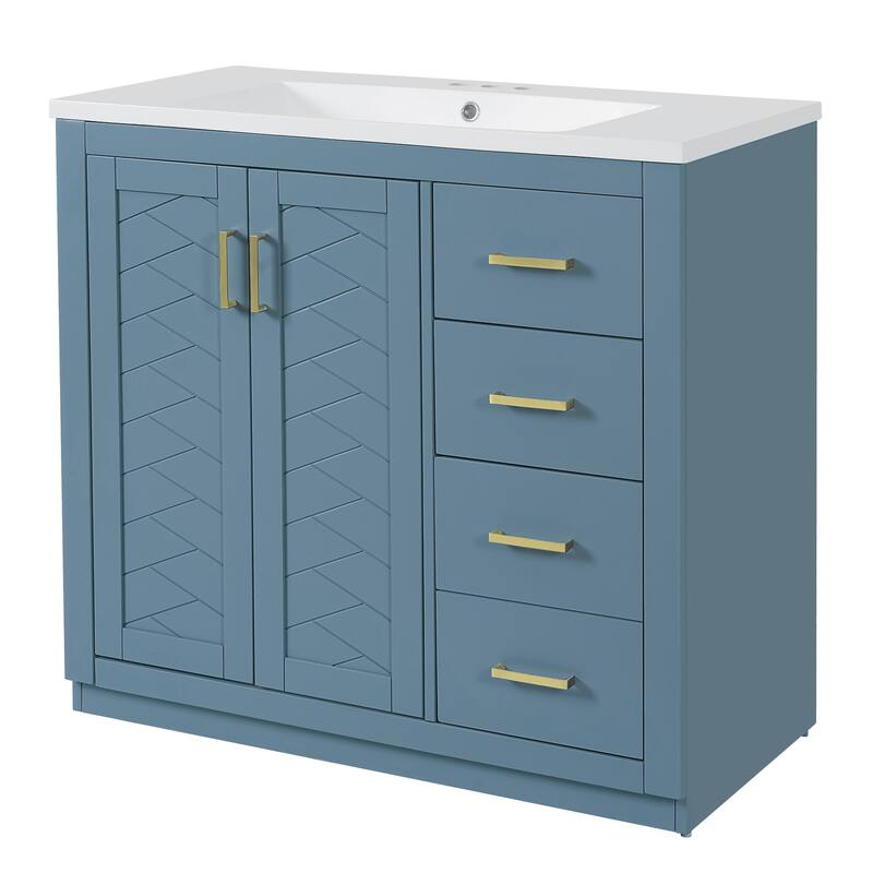 Freestanding Geometric Pattern Bathroom Vanity Solid Wood Frame Storage Cabinet with Sink, 3 Drawers and Soft Closing Doors