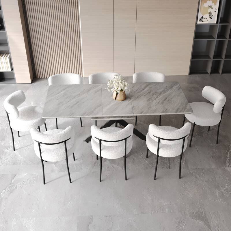 Grey Curved Backrest Round Padded Dining Chairs, Extendable Dining Table with Metal Legs, Stylish Table & Chairs Set