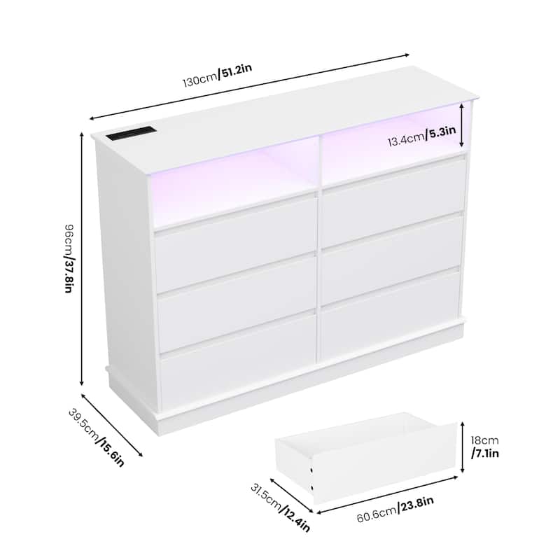 6 Drawer Dresser with LED Lights & Charging Station, Modern Chest of Drawers with Open Shelf