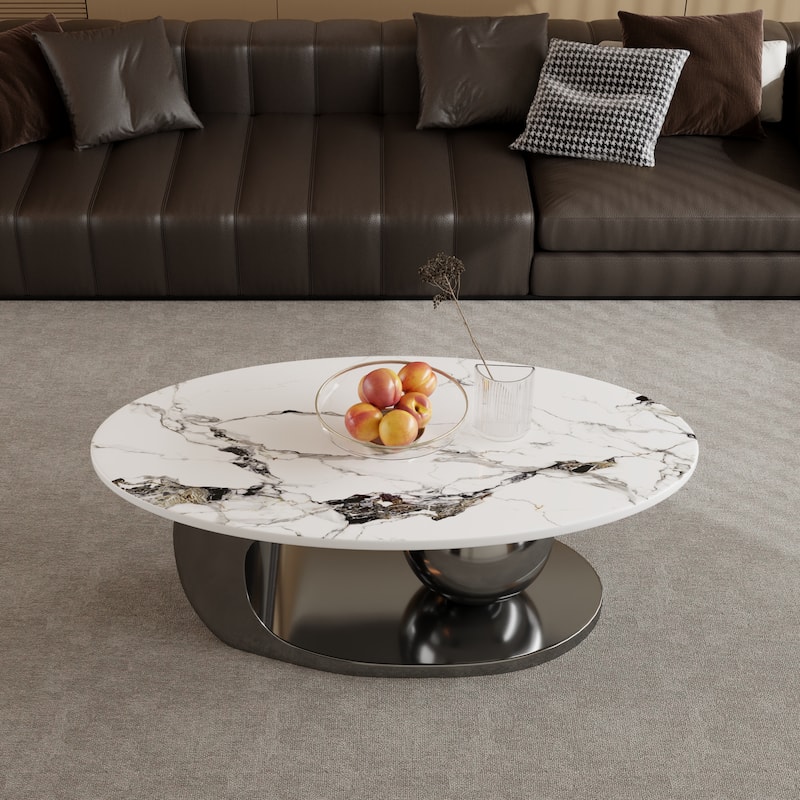 51" Modern Pandora Oval Coffee Table with Glossy Sintered stone top, Luxury Coffee Table, Stainless Steel Legs for Livingroom