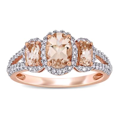 Miadora 14k Rose Gold Oval-cut Morganite and 1/3ct TDW Diamond 3-Stone Halo Engagement Ring