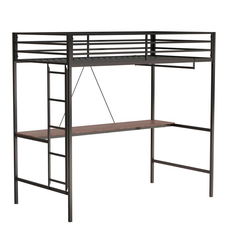 Adam Twin Loft Bunk Black with Cinnamon Wood Desk and Closet Rod No Box Spring Needed Easy Assembly