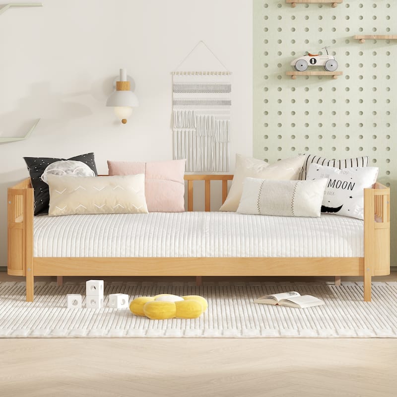 Multi Size Low Platform Bed for Kids with Rounded Corners Guardrails, Detachable Right-side Fence and Open Left-side Design