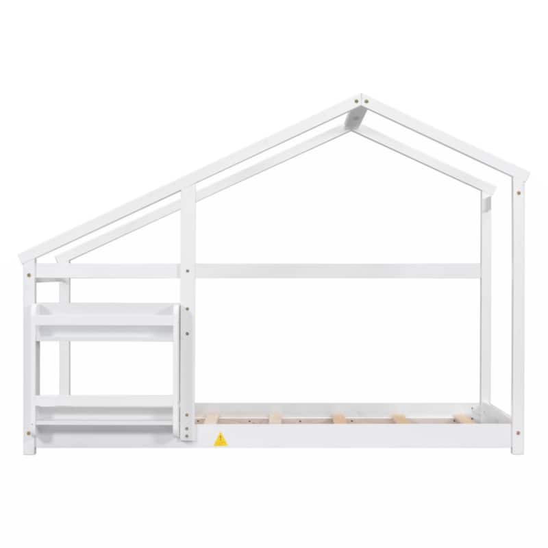 Twin Size Wooden House Bed, Twin Floor Wooden Bed with Shelf