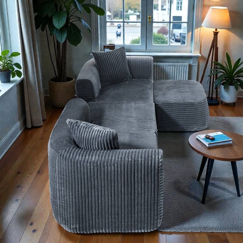 114" Cloud Sectional Couch with L Shape Chaise, Modular Corduroy Sofa with Movable Ottoman, No Assembly