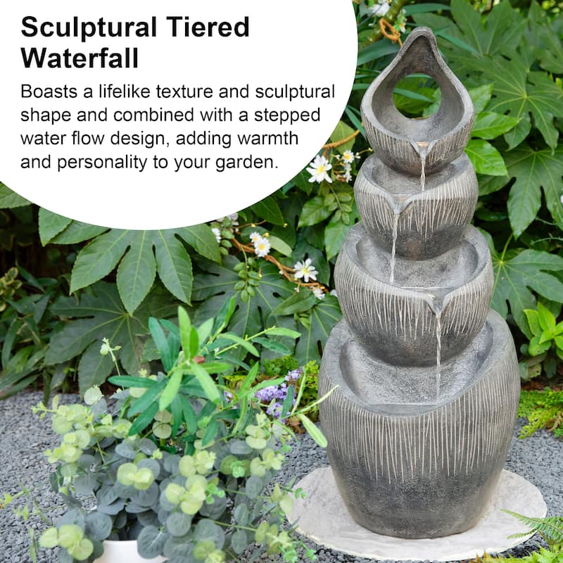 Glitzhome 34"H 4-Tiered Pre-lit Zen-Style Alms Bowl Polyresin Indoor Outdoor Floor Fountain