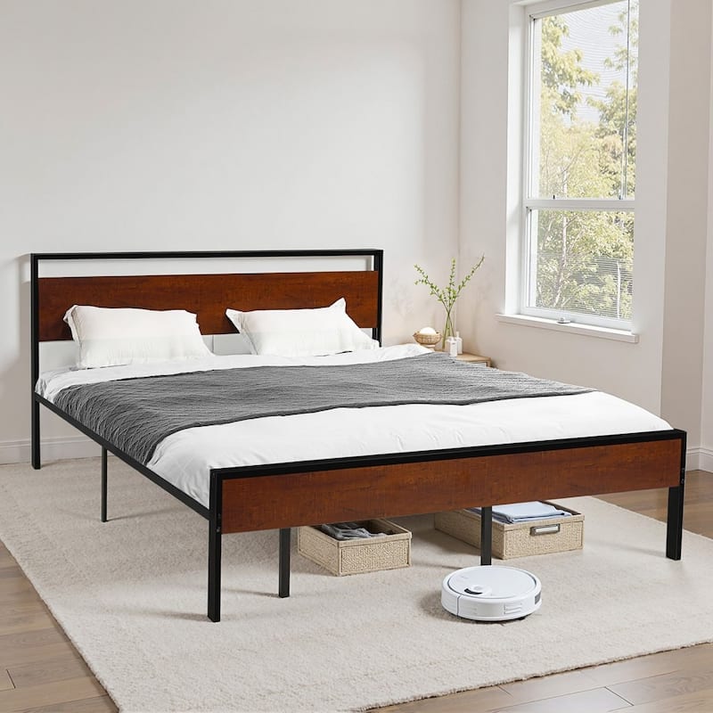 King Size Platform Bed Frame with Steel Frame and Vintage Brown Headboard Under Bed Storage