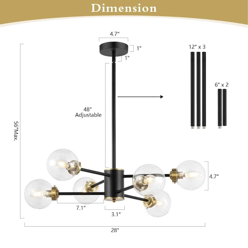 MLiAN 6-Light Sputnik 4.7" Opal Glass Globe Shade Linear Chandelier for Indoor Height Adjustable - N/A