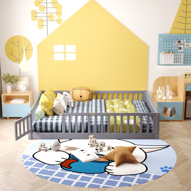 Floor Platform Bed with Fence Guardrails and Door