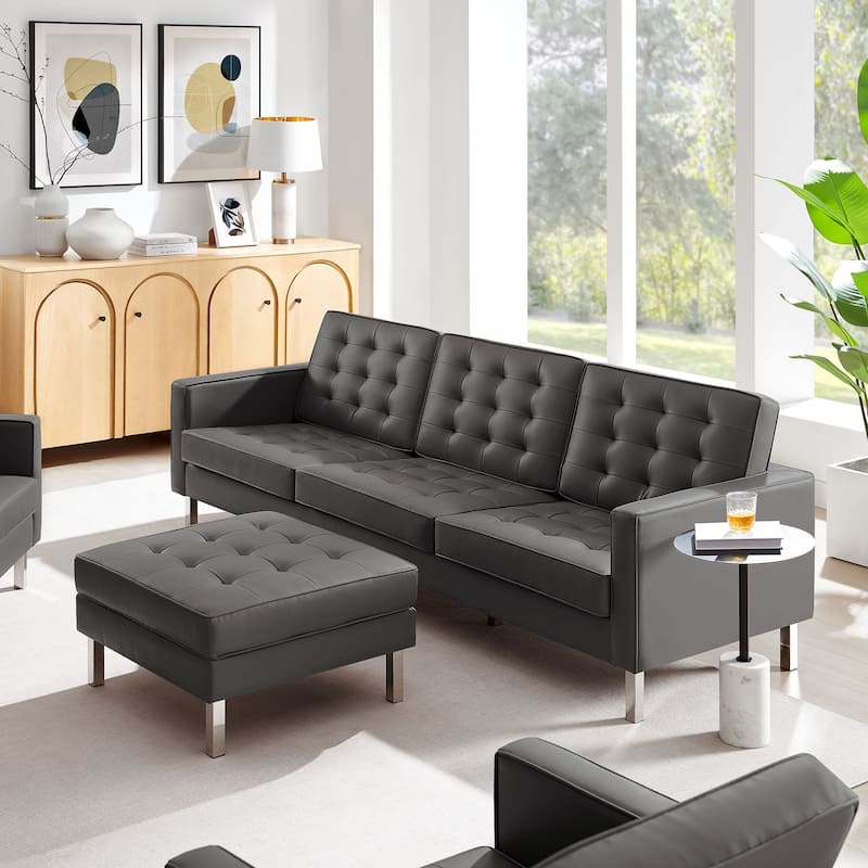 Loft Tufted Vegan Leather Sofa and Ottoman Set - Silver Gray - 2 Piece