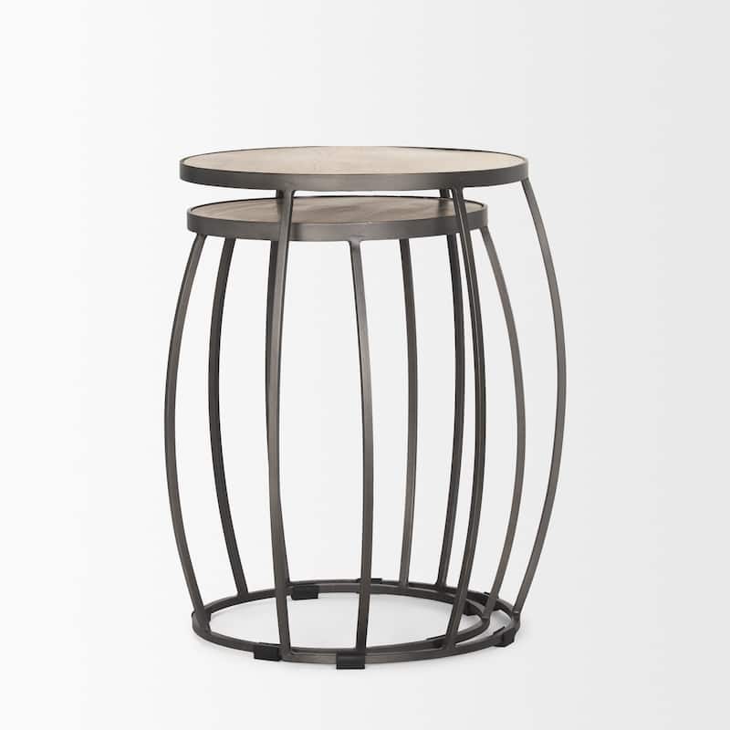 Clapp Round Light Brown W/ White Wash Wood and Silver Metal Nesting Accent Tables (Set of 2) - 22.0L x 22.0W x 26.0H