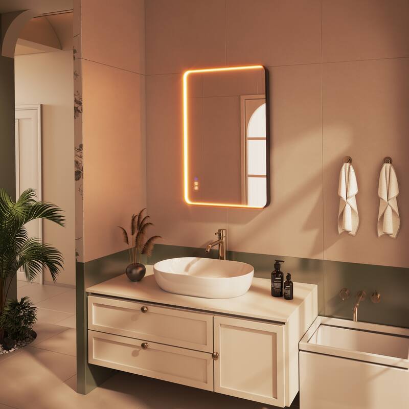 Organnice Rectangular LED Aluminum Black Framed Light Rounded Wall Mirror with Front Light