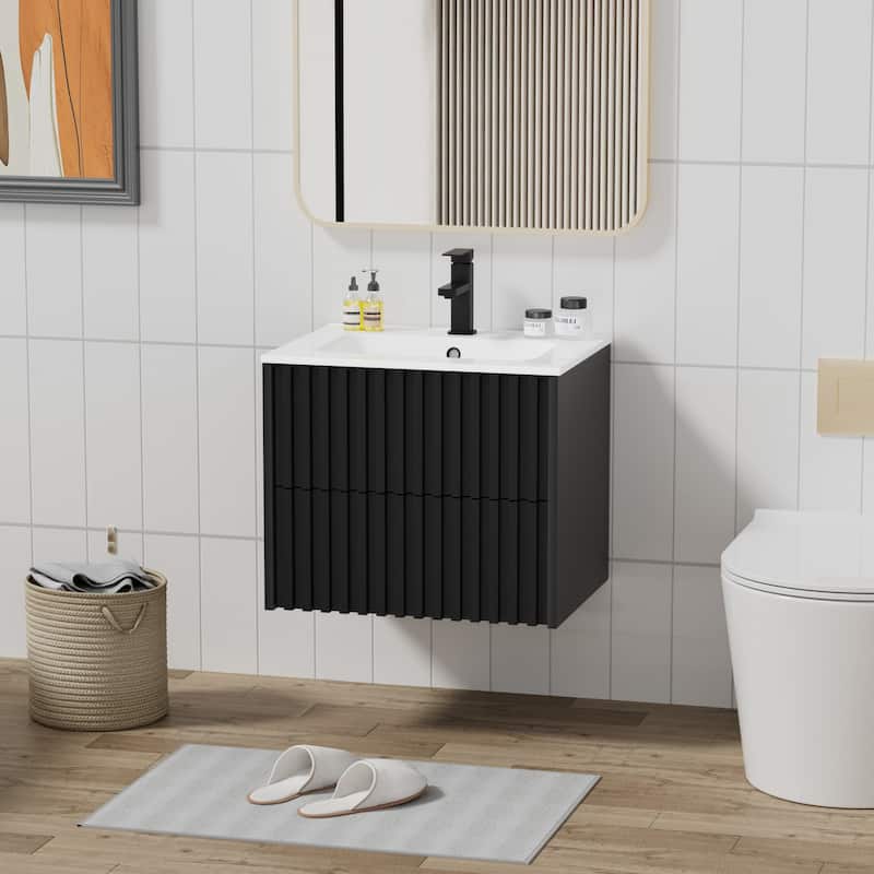 Wall Mounted Bathroom Vanity Set Mid-Century Storage Cabinet with Ceramic Sink