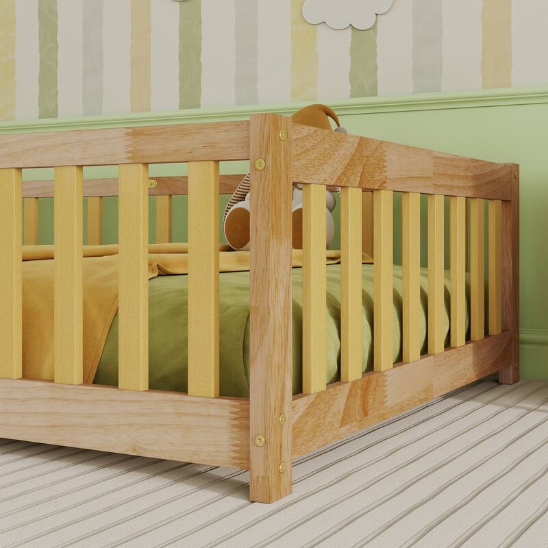 Twin Size Natural Rubber Wood Floor Bed with Safety Fence and Door