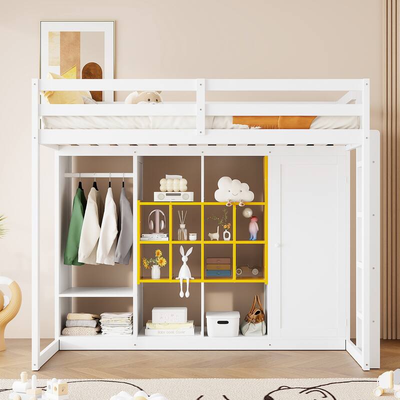 Twin Size Wood Loft Bed with Wardrobe, shelves and Cabinet, White+Yellow