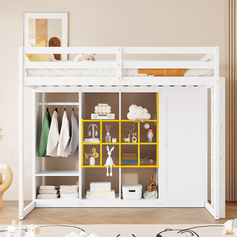 Twin Size Wood Loft Bed with Wardrobe