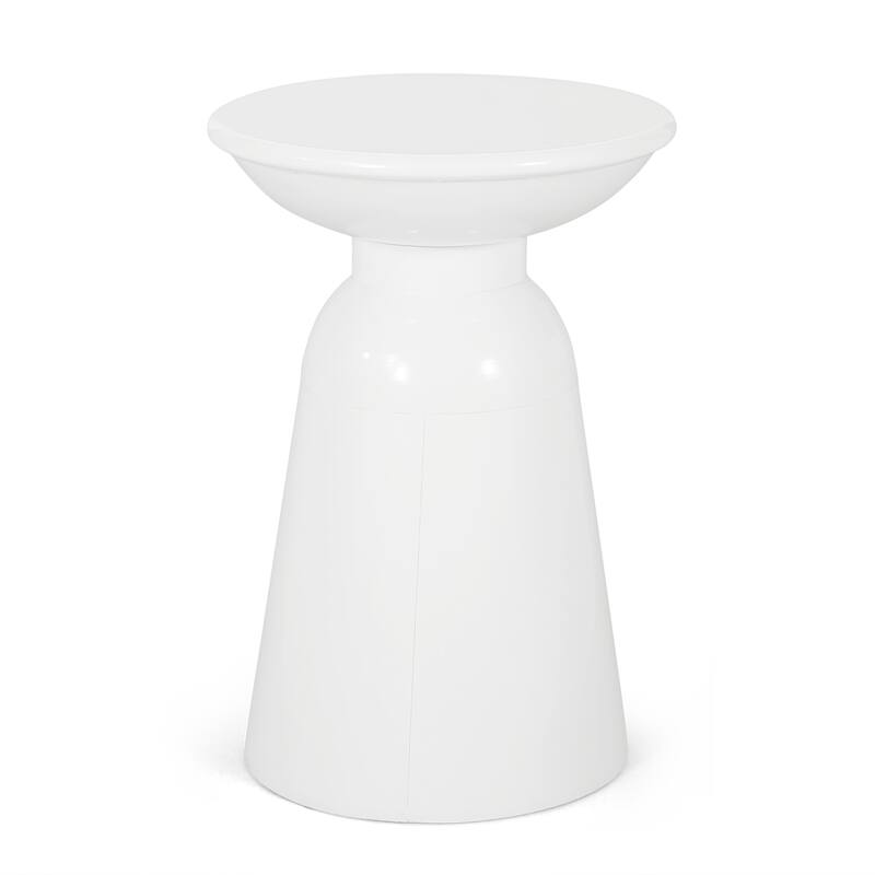 Suma Outdoor End Table, Round 15 Inch Top, Pedestal Base, White Iron