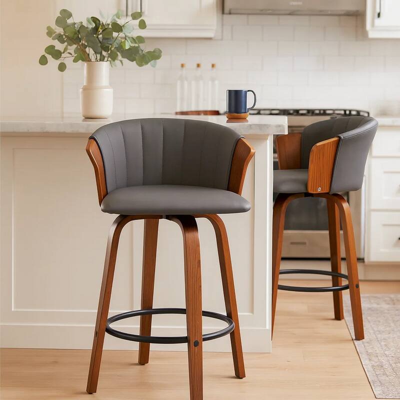 Oja 26 Inch Swivel Counter Stool Chair, Gray Faux Leather, Walnut Brown