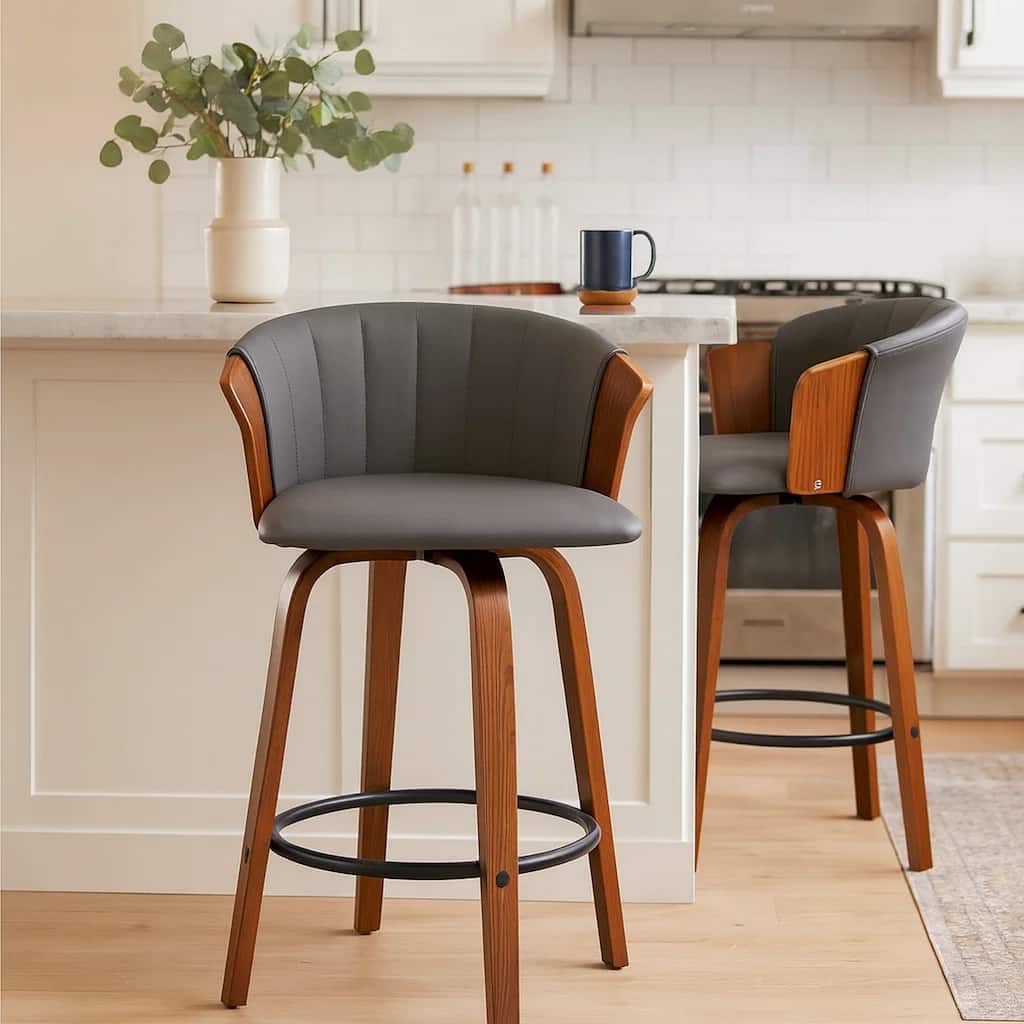 Oja 26 Inch Swivel Counter Stool Chair, Gray Faux Leather, Walnut Brown