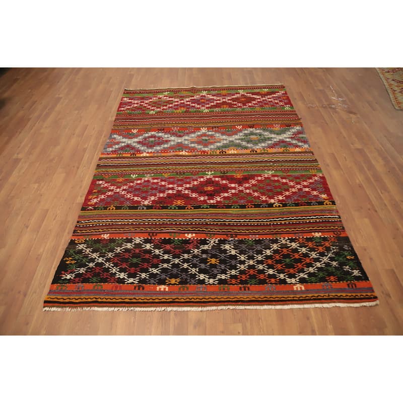 Hand Woven Oriental 100% Wool Carpet Southwestern Tribal Multi-Colored Kilim Area Rug - 7' 7'' X 5' 4''