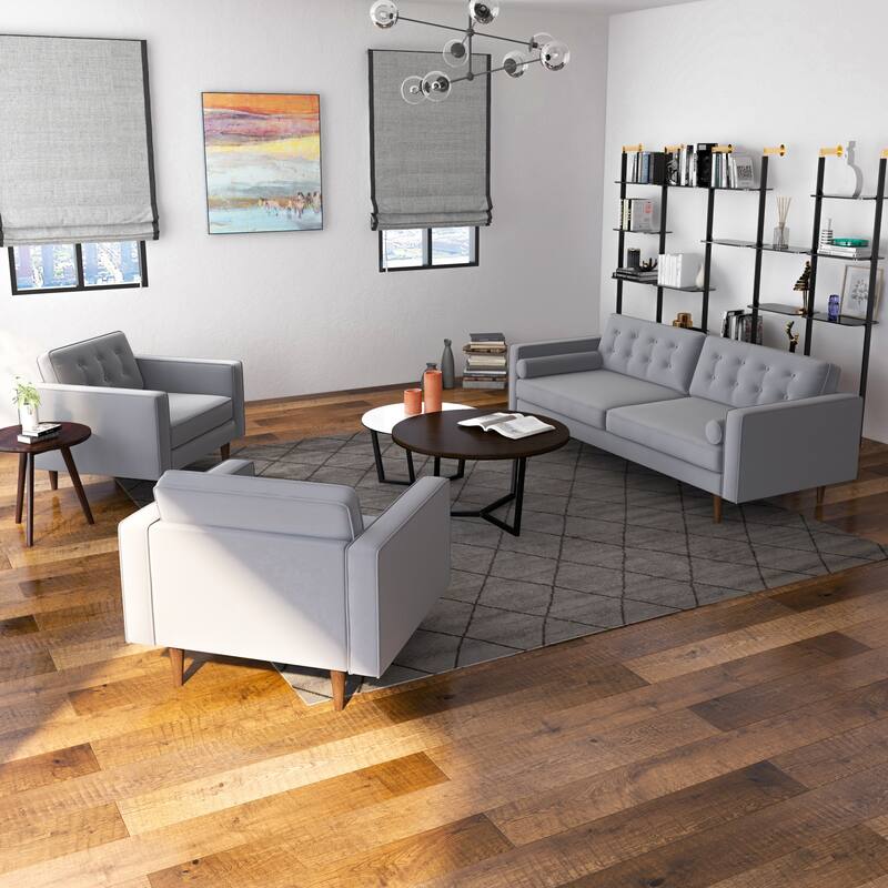 Mase 3-Piece Mid-Century Velvet Sofa and 2 Lounge Chairs Set in Gray