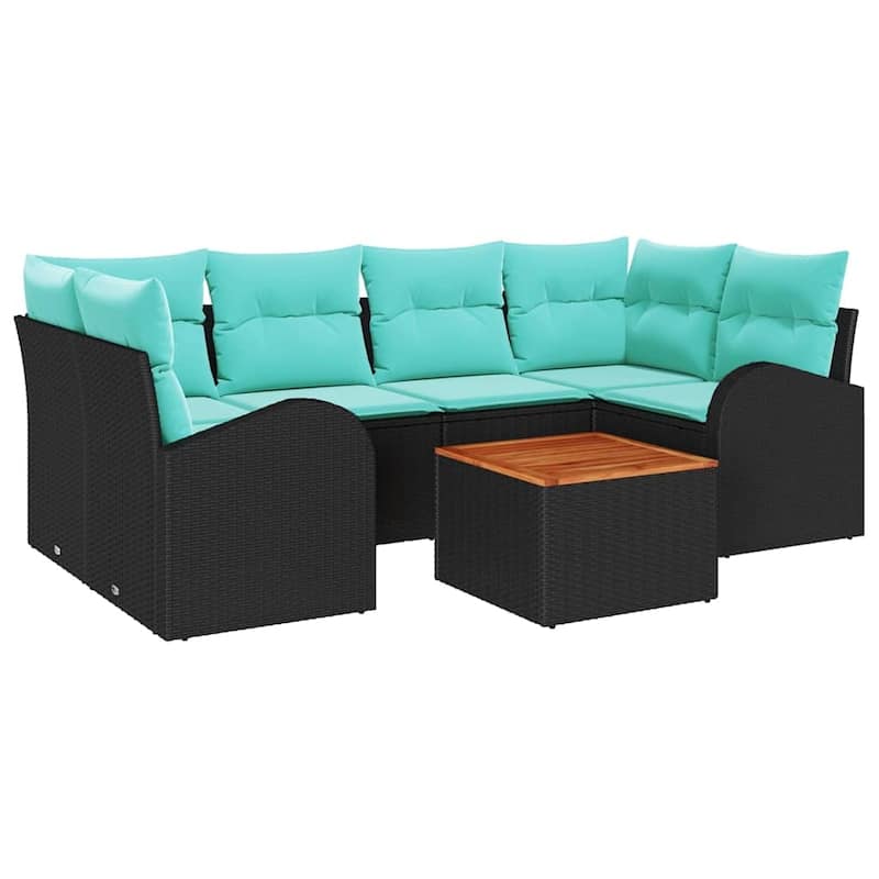 vidaXL 7 Garden Sofa Set with Cushions Black Poly Rattan - 92.1 x 48.8 x 27.2