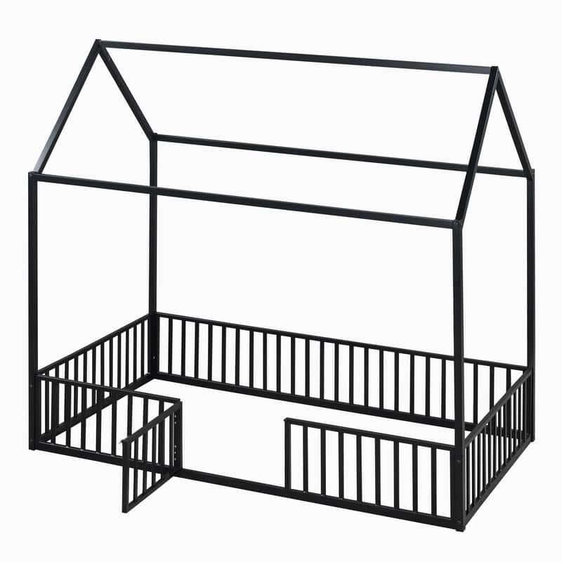 Twin Size Metal House Bed with Fence and Door