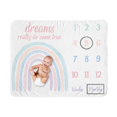 Pastel Rainbow Girl Baby Monthly Milestone Blanket - Blush Pink Purple Teal Blue and White Watercolor Dreams Really Do Come True
