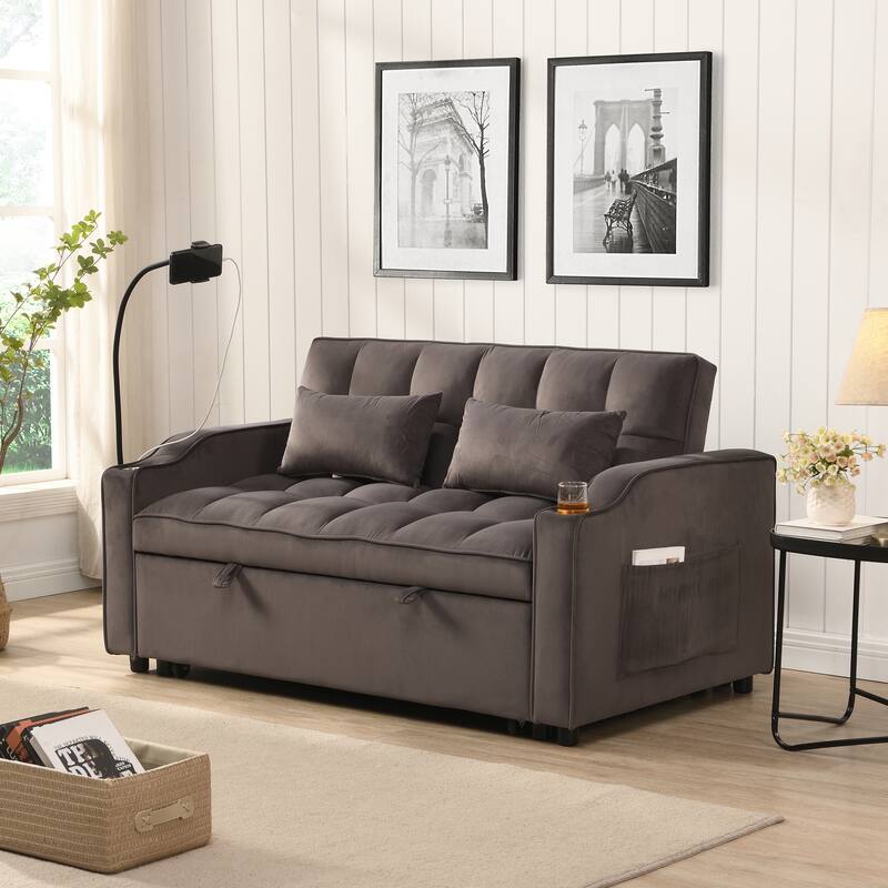 Charcoal Grey Velvet Sofa Bed with Trundle Full Size Convertible Adjustable Back USB Charging Easy Assembly