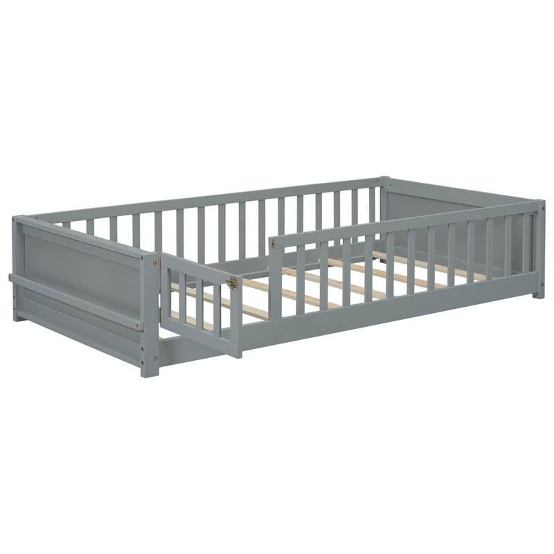 Twin Size Wood Platform Bed with Built-in Book Storage Rack and Door