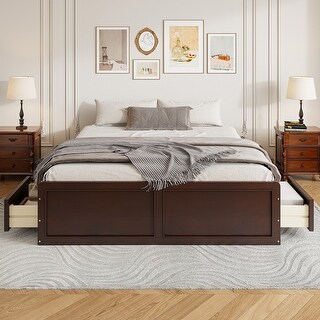 Brown Wood Queen Size Platform Bed Frame with 6 Storage Drawers, Low ...