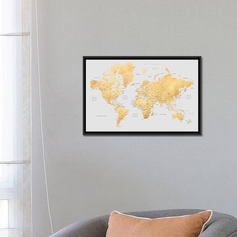 iCanvas "Detailed World Map In Gold And Grey, Everly" by blursbyai Framed Canvas Print