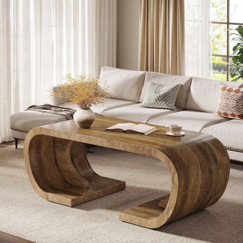 47 Inches Large Coffee Table, Heavy Duty Center Table with Curved Side - Brown