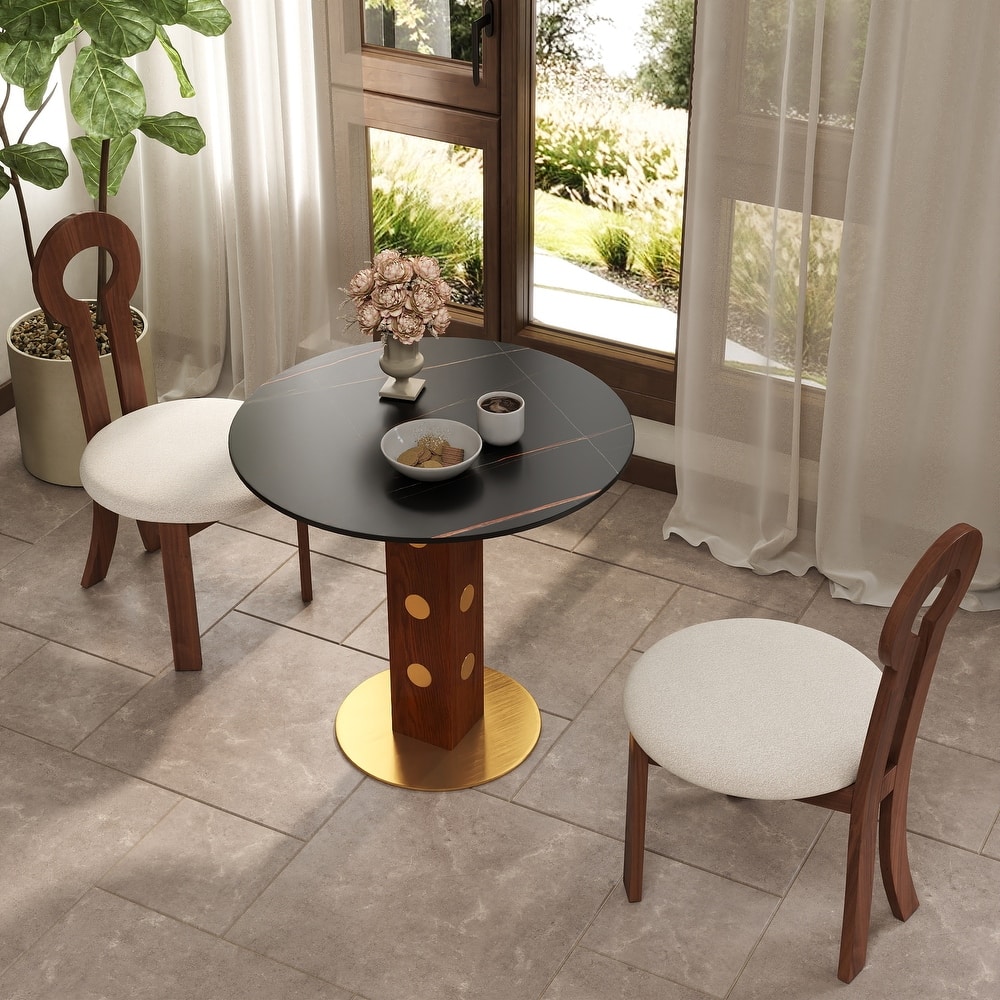 33" Retro Round Glass & Sintered Stone Tabletop Dining Table with Solid Wood Pedestal