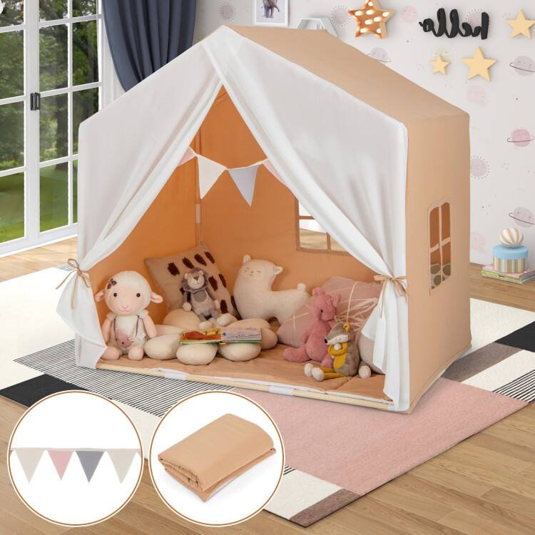 Kid's Play Tent with Washable Cotton Mat and Flag Banner - 52" x 36" x 51.5" (L x W x H)