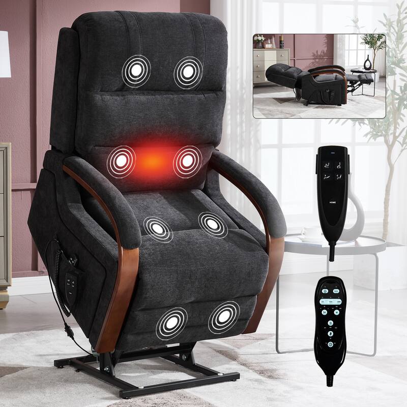 Dual Motor Power Lift Recliner Chair with Massage Heat and Wood Armrests - Black