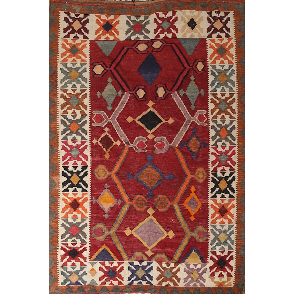 Red Kilim Qashqai Persian Vintage Area Rug Flatweave Wool Carpet - 5'5" x 7'8"