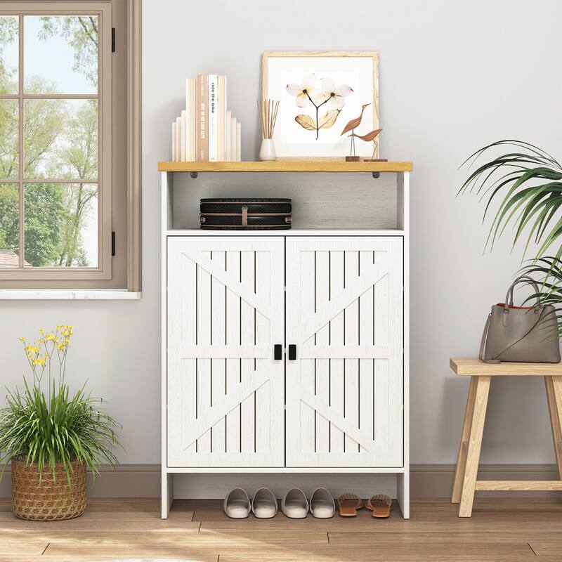 Double Door Wooden Shoe Cabinet, Multifunctional Shoe Organizer, Hidden Shoe Cabinet with Top Shelf and Open Shoe Rack