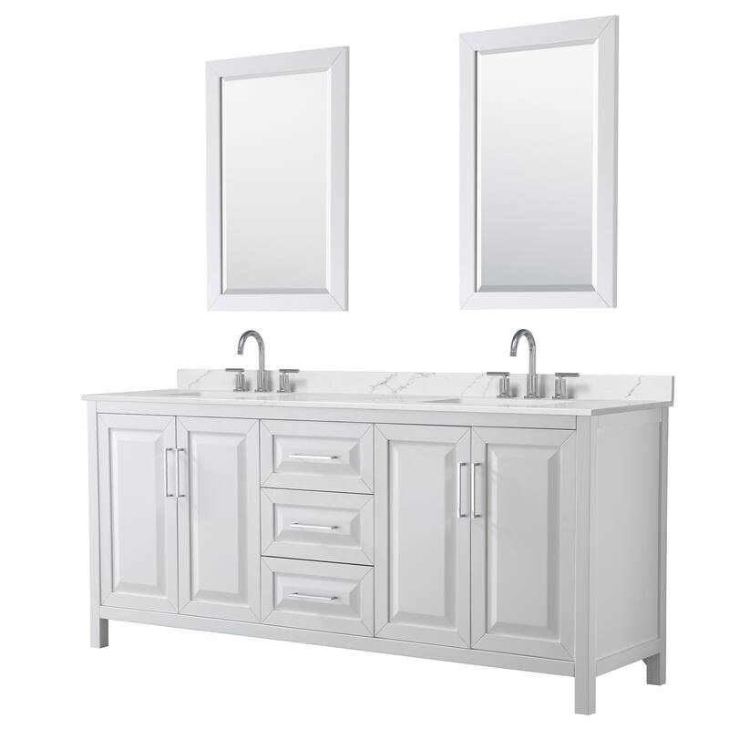 Daria 80-inch Double Vanity, 3 Hole Quartz Top, 24-inch Mirrors - White, Chrome Trim, Giotto Quartz Top