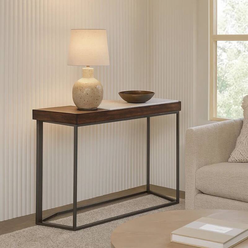 48 Inches Marble Top Console Table with Storage Slot, White and Brown