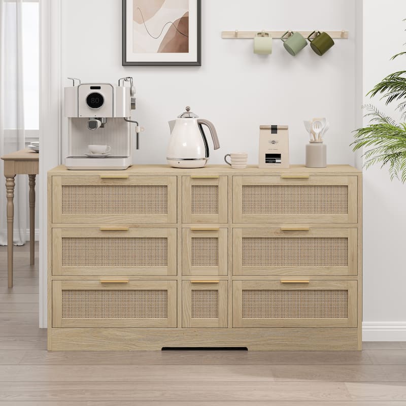 Boho Rattan Dresser Chest of Drawers, 9 Drawers Storage Cabinet Accent Chest Console Table for Living Room Bedroom