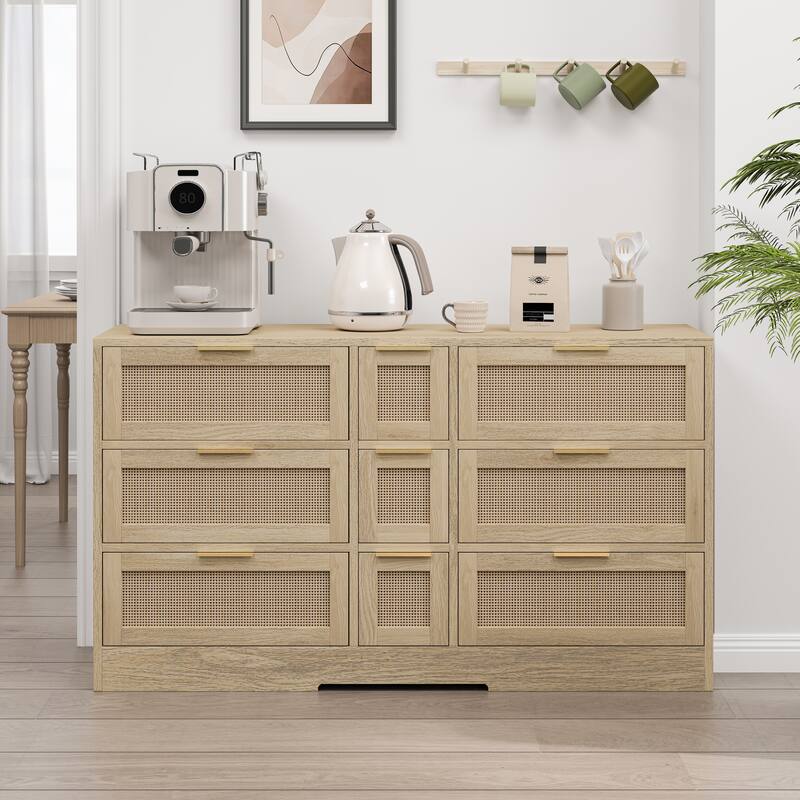 Rattan Storage Cabinet with 9 Drawers, Accent Cabinet with Smooth Sliding Tracks, Kitchen Buffet Sideboard