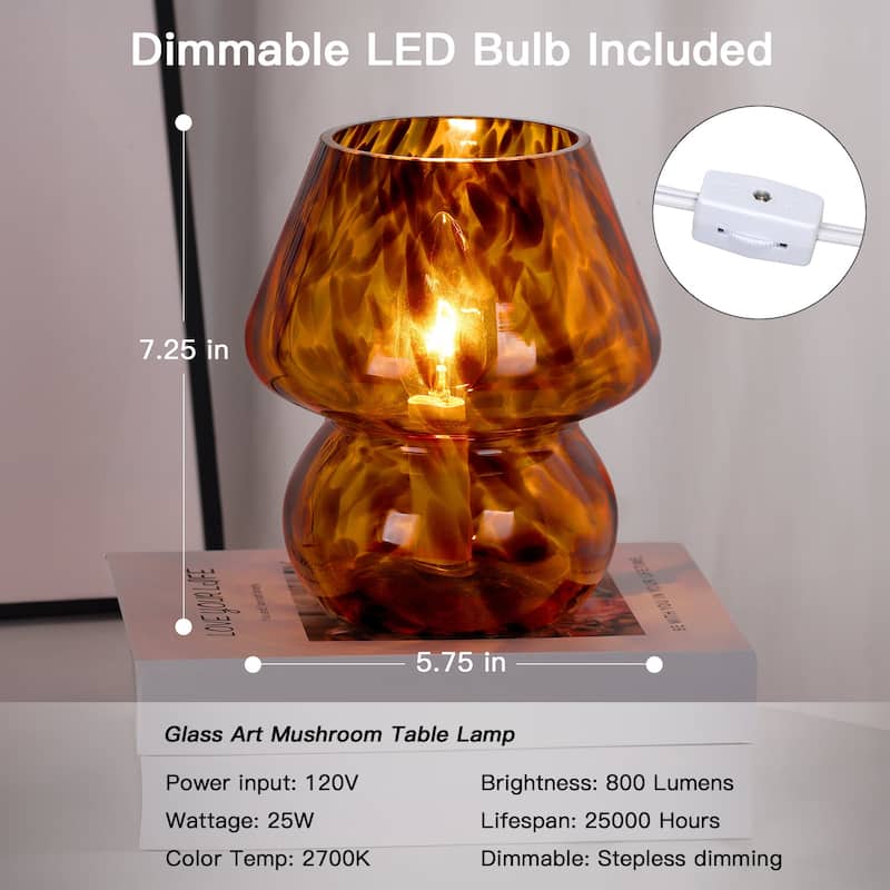 Brown Leopard Print All-glass Table Lamp with Inline Switch - 5.75'' x 5.75'' x 7.25'' (L x W x H)